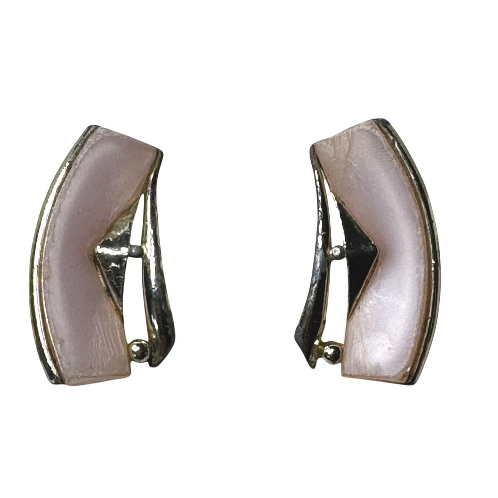 Vintage Pink Pearlescent Gold Tone Curved Geometric Clip On Earrings Statement